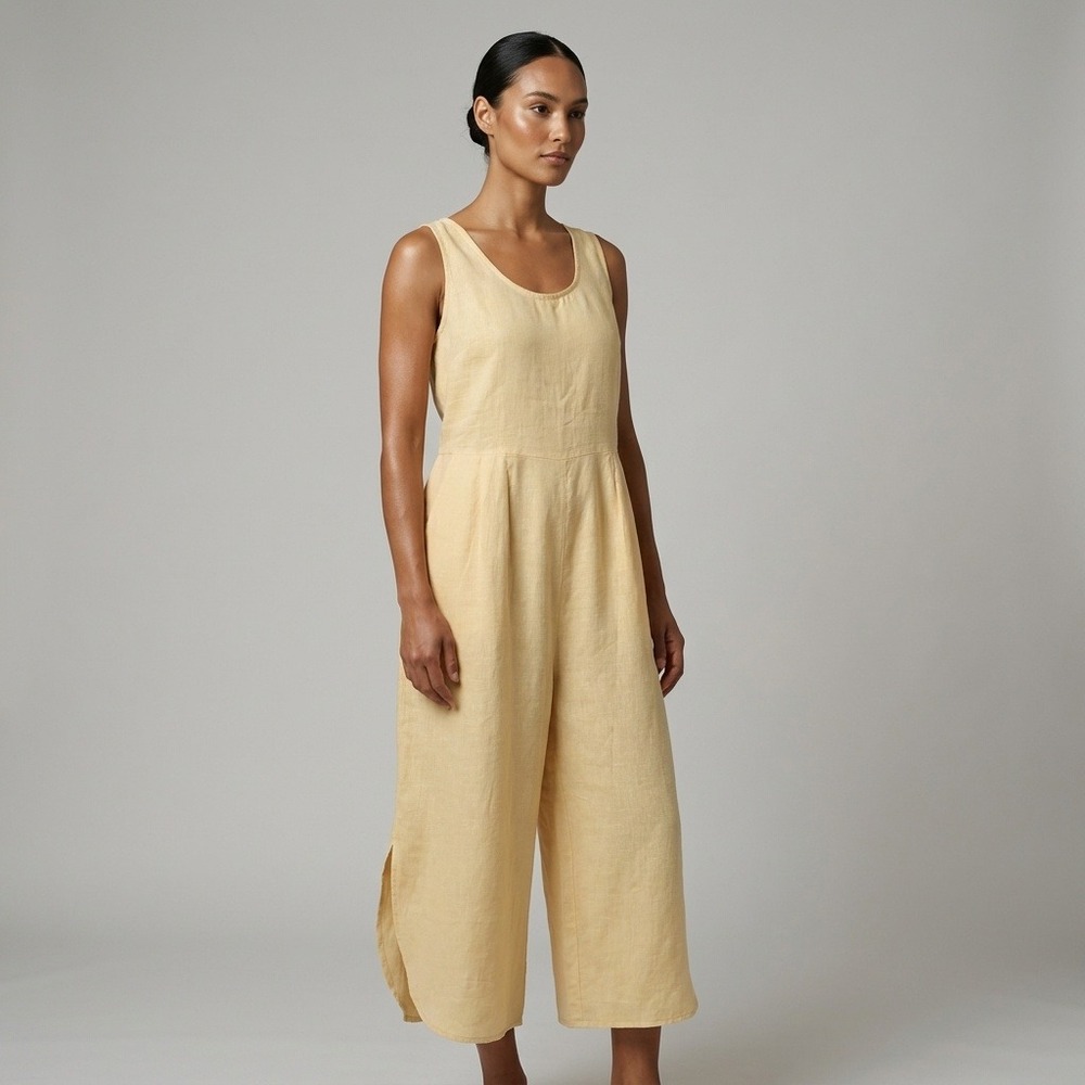 Filosofia Women Yellow 100% Linen Sleeveless Culotte Jumpsuit Made in USA Sz M